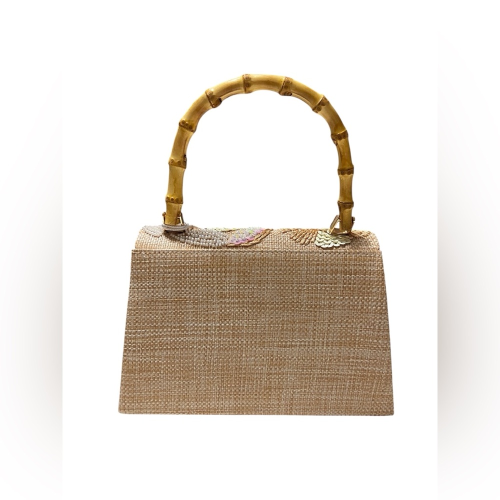 Haute Hippie Embellished Raffia Bamboo Handle Sachel Detachable Gold Chain Strap - Picture 5 of 10